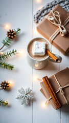cozy winter scene with hot chocolate presents