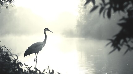 Fototapeta premium A solitary heron standing gracefully by a misty riverbank, surrounded by tranquil nature.