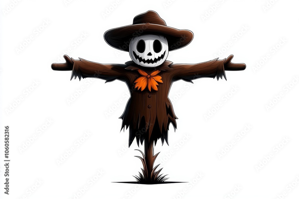 Poster minimalist line art of a scarecrow with simple hat and outstretched arms, capturing the classic silh