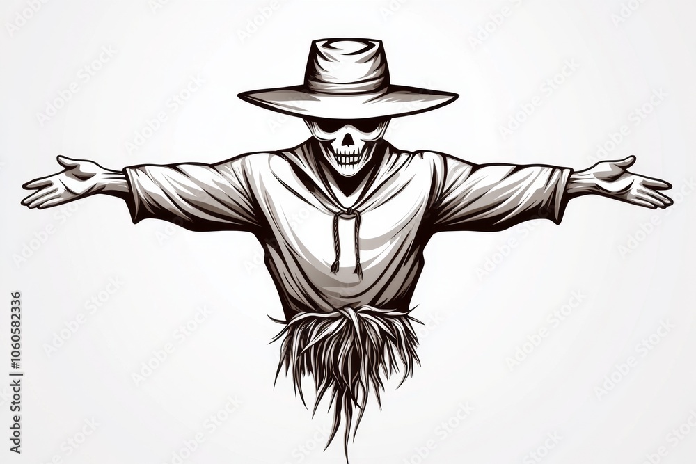 Poster minimalist line art of a scarecrow with simple hat and outstretched arms, capturing the classic silh