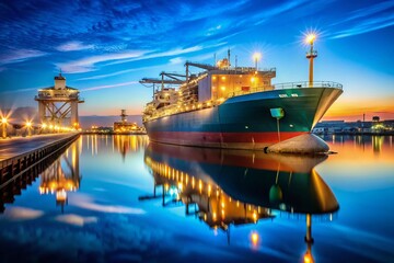 Obraz premium High Depth of Field Image of a Liquefied Natural Gas Tanker Ship in Port with Vibrant Blue Waters and Clear Sky for Maritime, Energy, and Shipping Industry Visuals