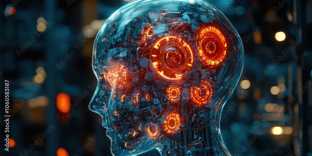 Poster transparent robotic head with glowing internal mechanisms