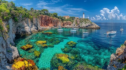 Naklejka premium Beautiful Bay with Clear Water, Coral Reefs, Sailboats, and Lighthouse