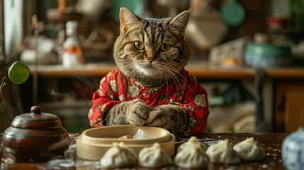 cat wearing red floral outfit sits at table, looking curiously at dumplings. cozy kitchen setting adds warmth to this delightful scene