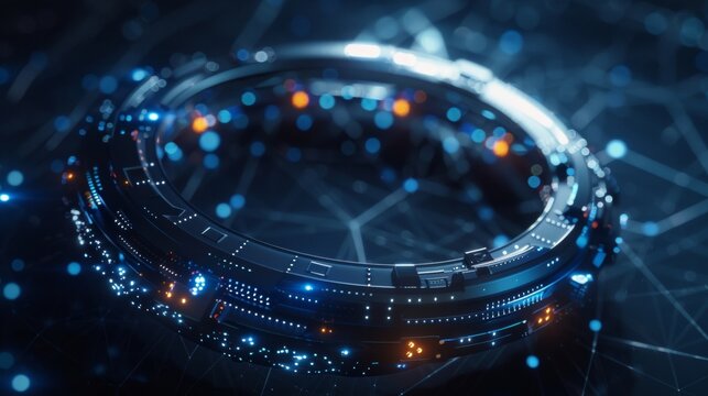 Futuristic technological circle rotating with blue and orange lights, representing innovation and advanced technology in a dark digital environment