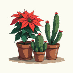 poinsettia and cactus Plant  vector illustration. Holiday Plant Lover Christmas greenery