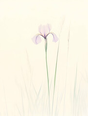 Naklejka premium A delicate iris flower stands tall amidst soft, blurred grasses, evoking tranquility and beauty.