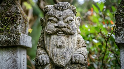 Ancient stone statue with intricate details, surrounded by lush greenery, showcasing cultural heritage and craftsmanship.