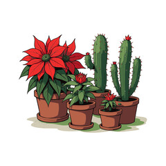 poinsettia and cactus Plant  vector illustration. Holiday Plant Lover Christmas greenery
