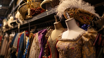 A designated area off to the side holds various costumes and props neatly organized on racks and shelves.