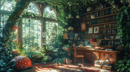 cozy and enchanting study filled with lush greenery, vibrant mushrooms, and warm wooden desk. Sunlight filters through large windows, creating serene atmosphere perfect for creativity