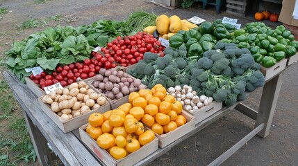 A lively farmer's market showcases an array of fresh produce, featuring vibrant oranges, greens, and reds, inviting shoppers to explore the seasonal offerings and local flavors.