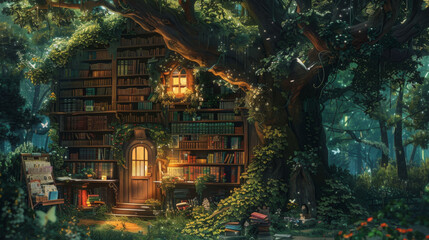 magical treehouse library surrounded by lush greenery, filled with books and illuminated by warm light, creating cozy and enchanting atmosphere