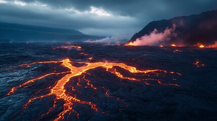 Naklejka premium Exploring a Volcanic Landscape with Lava Fields and Steam Vents