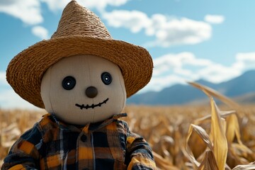Retro-inspired scarecrow with an old straw hat and button eyes, standing in a cornfield, capturing the timeless charm and eerie look of vintage fall decor, symbolizing nostalgia and charm