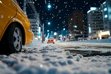 Fototapeta premium Retro-inspired snowy town with snow falling, capturing the timeless charm and calm beauty of winter evenings, symbolizing nostalgia and peace
