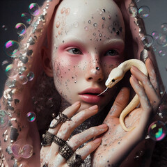 Luxury fashion style photo. Beautiful woman with a snake. Book magazine creative concept cover photography