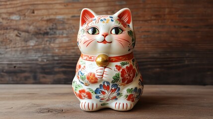 Ceramic lucky cat figurine with floral designs, symbolizing good fortune.