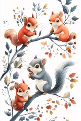 Obraz premium Playful squirrels gather on tree branches enjoying autumn leaves and nuts in a vibrant forest landscape