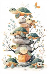 Playful turtles balance on rocks while exploring their colorful habitat surrounded by nature