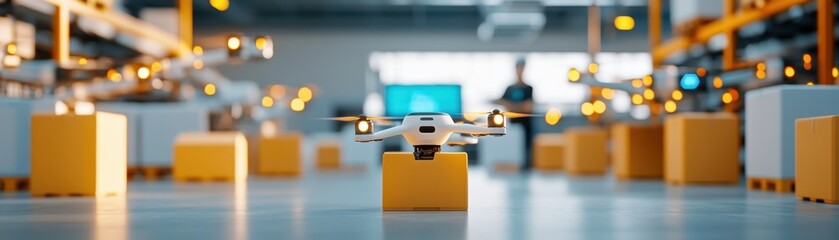 Fototapeta premium A modern drone sits on a yellow box in a high-tech warehouse, showcasing advanced technology and innovation in logistics.