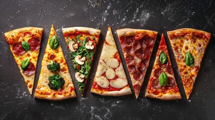 Variety of pizza slices on dark background, menu options, dietary recipes.