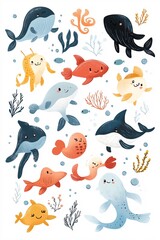 Obraz premium Whimsical marine creatures playfully swim among colorful coral reefs in a vibrant underwater scene filled with joy and wonder