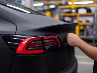 A close-up view of a person applying a sticker on the rear of a matte-finish car in an automotive workshop.