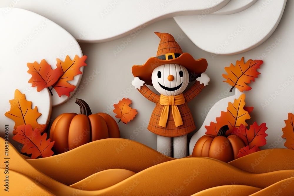 Poster simple 2d drawing of a scarecrow in a pumpkin patch, capturing the warm, inviting look of fall decor