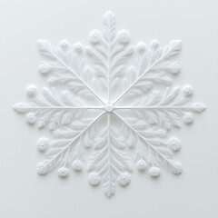 Intricate white paper-cut snowflake with delicate botanical elements and symmetrical design on a soft background, embodying the elegance of winter and festive decor. Seasonal beauty and purity.