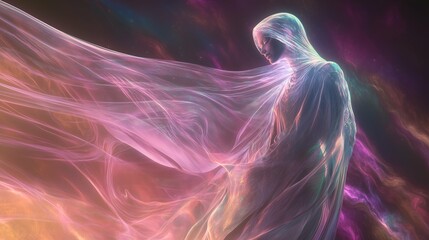 A goddess-like figure in flowing Art Nouveau attire, with a translucent, holographic veil trailing around her