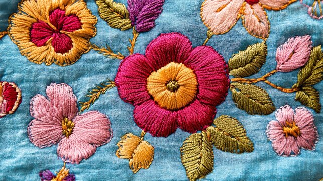 Colorful floral embroidery pattern on fabric with vibrant colors and intricate details.