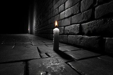 Simple outline of a single candle in darkness, capturing the quiet, eerie contrast of light and shadow in horror settings, symbolizing suspense and solitude