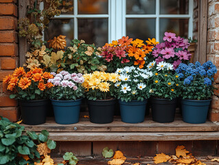 Windowsill of colorful potted mums