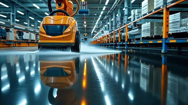 Floor scrubber machine cleaning with efficiency in an industrial setting.