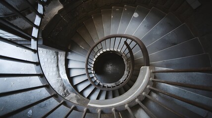 Fototapeta premium Worn stone spiral staircase with rusted railing in dimly lit basement