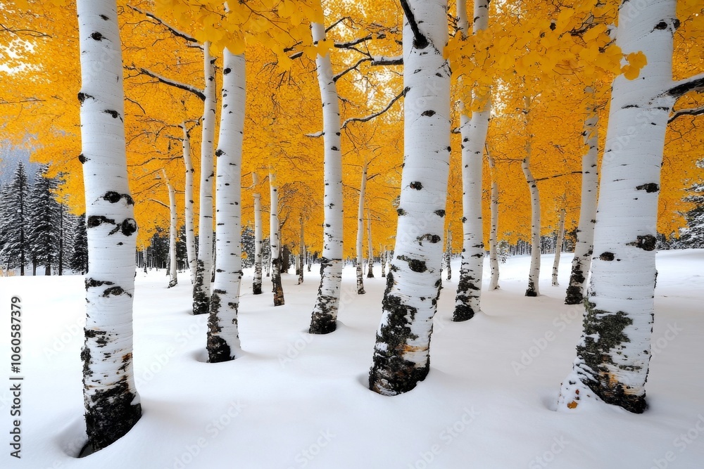 Poster Snowfall in a pine forest with soft light filtering through trees, capturing the quiet, majestic beauty of winter landscapes, symbolizing serenity and depth