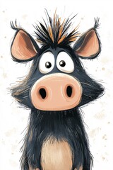 Obraz premium Whimsical cartoon boar expresses surprise with big eyes and fluffy fur in playful artwork for kids