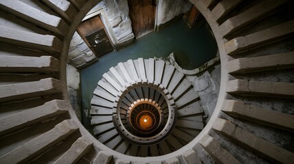 Fototapeta premium Stone spiral staircase with waterlogged basement and dim lighting