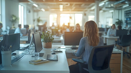Obraz premium Soft-focus modern office interior, white furnishings, open concept, desks and chairs in a bright and airy environment