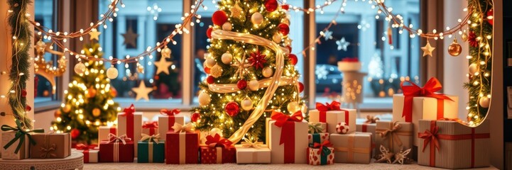 Beautifully decorated Christmas tree with colorful ornaments and sparkling lights surrounded by gift boxes, lights, celebration