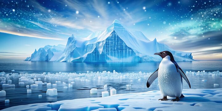Icy Digital Terrain with Linux Penguin and Bokeh Effect in Blue and White Binary Code