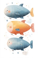 Naklejka premium Cute cartoon fish balloons swim playfully through the sky while delighting viewers with their adorable expressions and soft colors