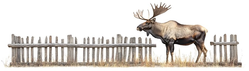 Fototapeta premium Moose by Rustic Wooden Fence Isolated on White Background