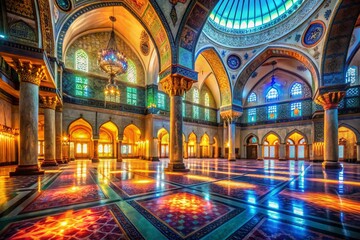 Fototapeta premium Illuminated Serenity: Double Exposure of Mosque Interior with Expansive Windows and Magical Light Captured with 24mm Lens for Tranquil Atmosphere and Spiritual Essence