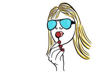 Line arte mulher com pirulito na boca e oculos, estiloso, arte vetorial