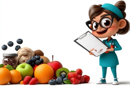 a 2D cartoon illustration of a dietitian with fresh fruits and a meal plan guiding healthy choices white background