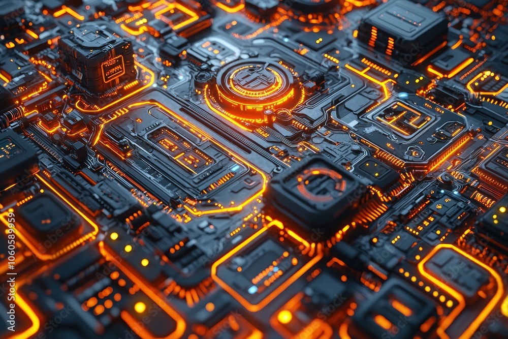 Poster abstract futuristic circuit board with glowing orange lines