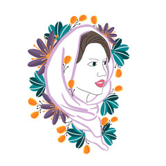 Line arte colorida mulher com lenço na cabeça e flores, árabe, estilo vetorial