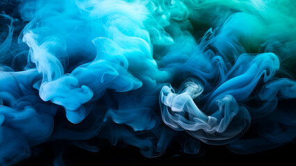 Obraz premium Thick clouds of blue smoke against a dark background.